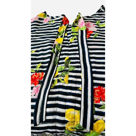 VALERIE STEVENS 3/4 BELL SLV PULL-OVER BLOUSE, WOMEN-2X-BLA/WHI STRIPED & FLORAL - Picture 3 of 10